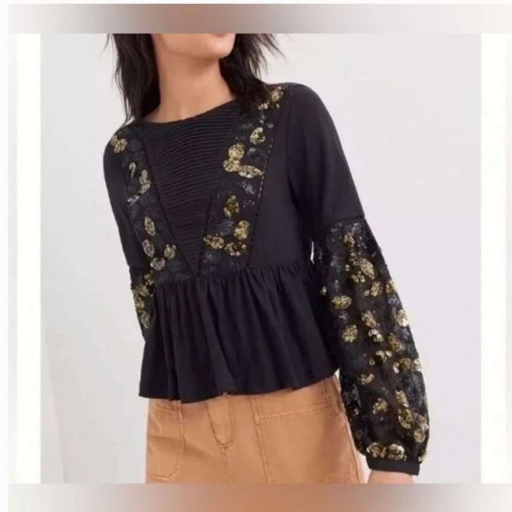Anthropologie Neale Sequined Peplum Black Blouse Size XS
